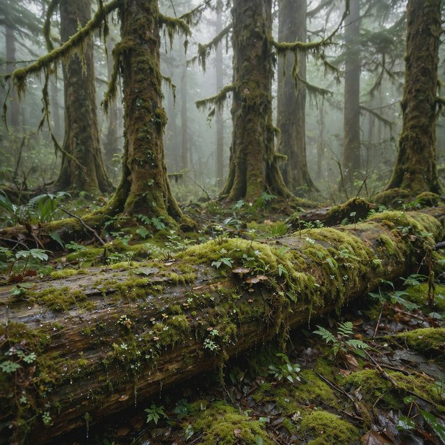 Old-growth temperate rainforest after rain, moss-covered fallen log, fog between the trunks, soft diffused light. — Muse Image 1.0