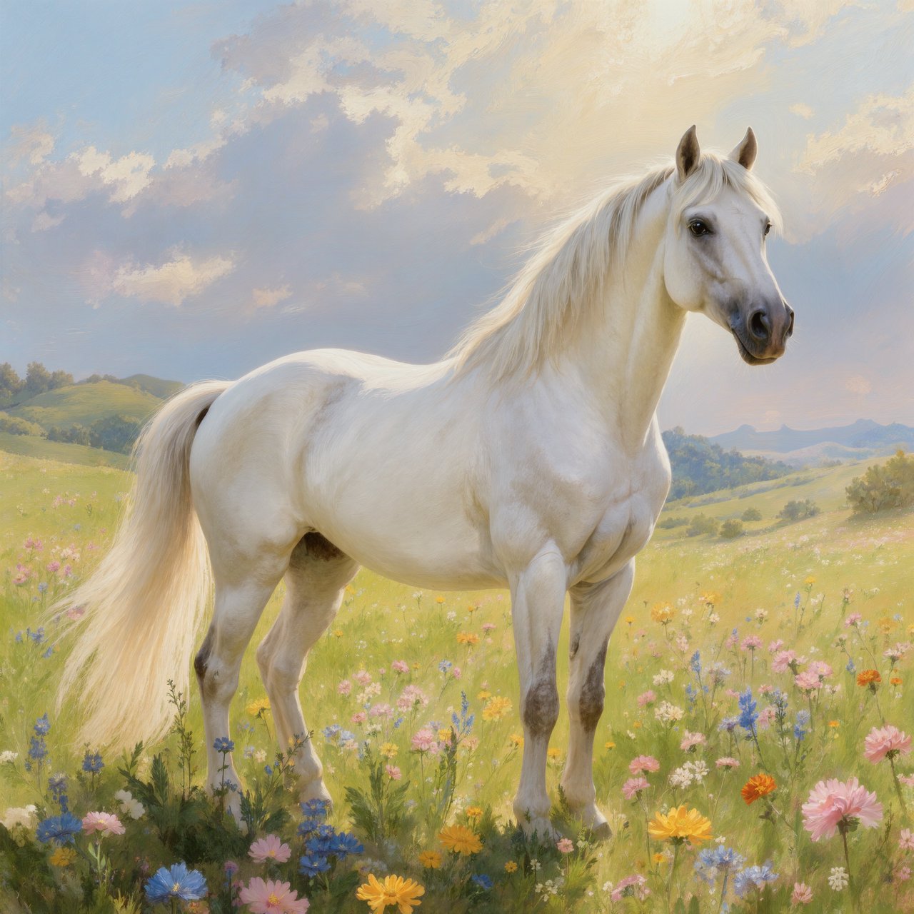a regal white horse with a flowing mane, standing in a sun-dappled meadow filled with vibrant wildflowers. Gentle light illuminates the scene, highlighting the horse's powerful physique and the delicate details of the flowers. The style is reminiscent of Romantic era landscape paintings with a soft, impressionistic touch. — Kling v3 Omni