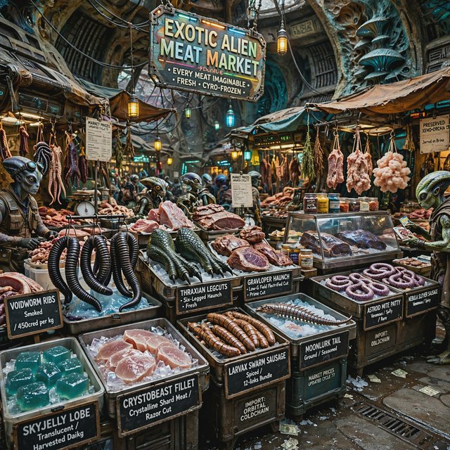 Exotic alien meat market with every possible meat imaginable on sale! — Muse Image 1.0