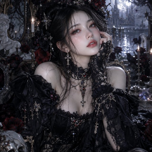Surreal, ethereal East Asian adult beauty, 21 years old, in maximalist Gothic attire, with the most beautiful expression. — GPT Image 2.5 Flare