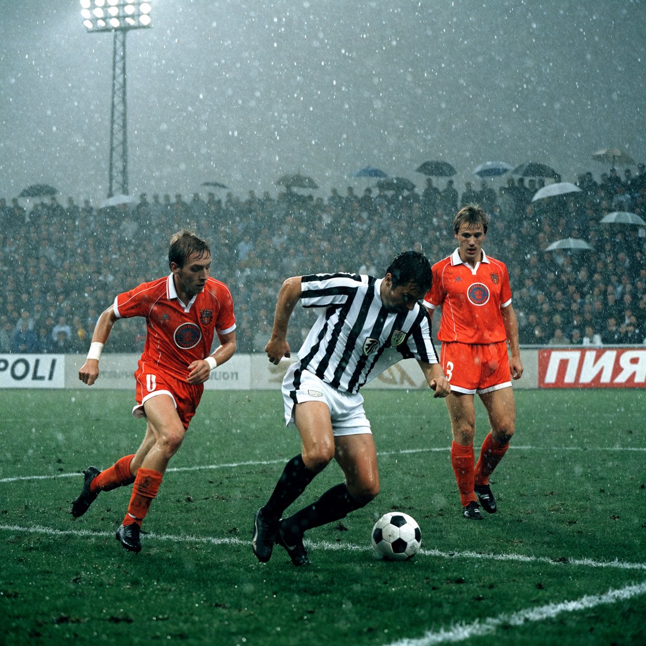 A stillshot from a Bulgarian football game, broadcast in the 1980s. — Recraft v4 Pro