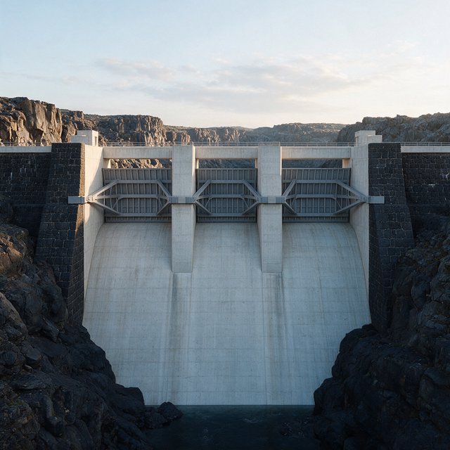 A broad hydroelectric dam in contemporary Brutalist engineering style spans a rocky gorge, its pale concrete face anchored by dark basalt abutments and steel gates; cool dawn light, viewed from downstream, with convincing load-bearing geometry. — Model 20