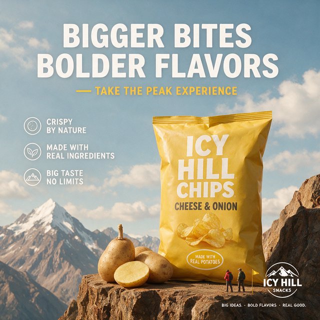 A creative promotional poster for potato chips featuring a forced perspective effect. — Seedream 5.0 Pro