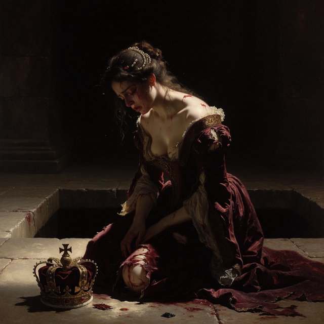 A dramatic cinematic portrait of a fallen noblewoman kneeling in a dimly lit stone chamber, wearing a disheveled dark crimson silk gown, the fabric torn and loose, revealing hints of pale skin, strong chiaroscuro lighting highlighting her silhouette and sorrowful expression, tears, messy hair adorned with broken pearls, atmosphere of despair and silence, oil painting style realism — Krea 2 Medium