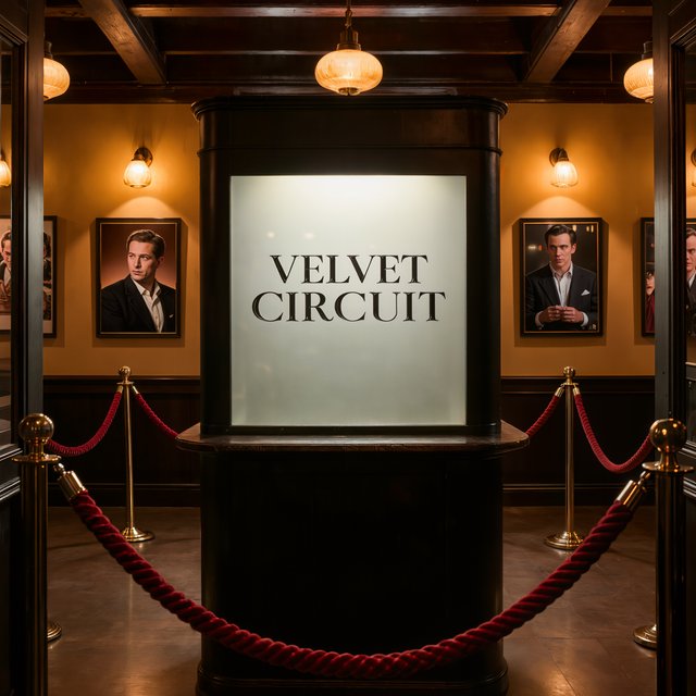 A narrow neighborhood cinema lobby glows with amber sconces, velvet ropes, and framed film stills; "VELVET CIRCUIT" is etched in elegant silver lettering across the frosted glass ticket-booth window. — Kling v3