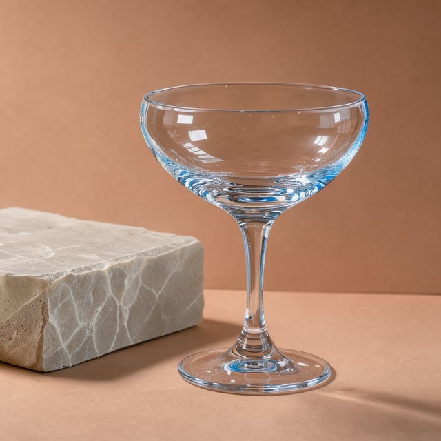 Beside a pale limestone block, an unbranded handblown cocktail coupe in clear soda-lime glass catches crisp window-shaped highlights; its curved bowl bends a muted apricot backdrop under broad diffused key light and narrow cool rim lighting, commercial product image, no lettering. — FLUX 3 Image Klein