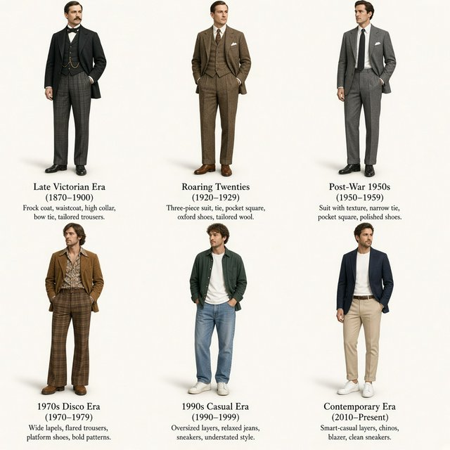 A realistic image only, showing nice outfits worn by adult men from at least 4–6 different eras. Mention the time range for each era. — Grok Imagine Image 2