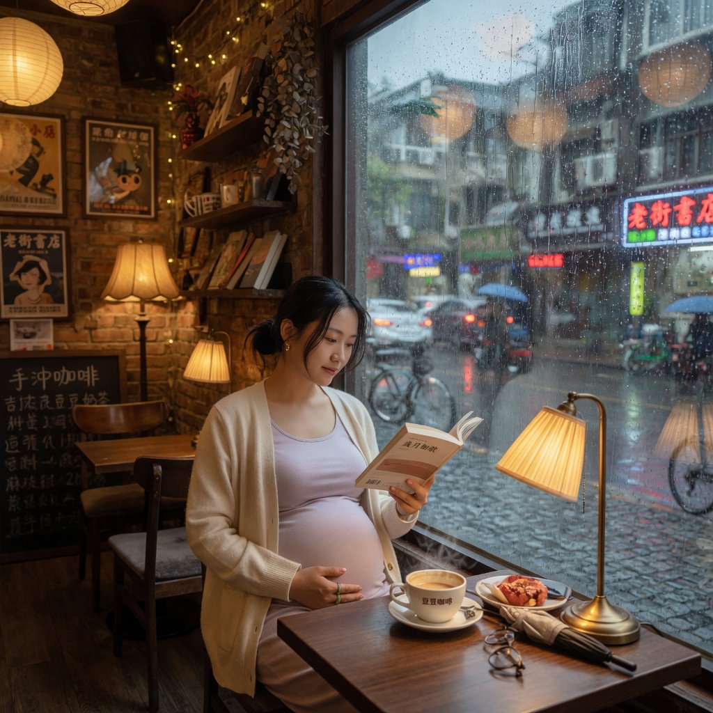 Photorealistic cinematic scene of a pregnant Chinese woman sitting in a cozy café by the window, reading a book. She appears calm, gentle, and thoughtful, with one hand resting naturally near her belly. On the table beside her is a cup of coffee, softly steaming. Outside the large window, heavy rain pours down, with streaks of water on the glass and a blurred rainy street beyond. The café interior is warm and inviting, with soft ambient lighting, wooden textures, and a peaceful atmosphere that contrasts with the storm outside. The composition should feel intimate, emotional, and serene, with the woman as the clear focal point. — Grok Imagine Image Quality