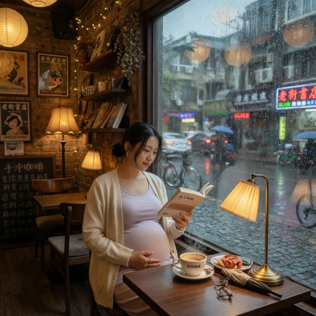 Photorealistic cinematic scene of a pregnant Chinese woman sitting in a cozy café by the window, reading a book. She appears calm, gentle, and thoughtful, with one hand resting naturally near her belly. On the table beside her is a cup of coffee, softly steaming. Outside the large window, heavy rain pours down, with streaks of water on the glass and a blurred rainy street beyond. The café interior is warm and inviting, with soft ambient lighting, wooden textures, and a peaceful atmosphere that contrasts with the storm outside. The composition should feel intimate, emotional, and serene, with the woman as the clear focal point. — Grok Imagine Image Quality