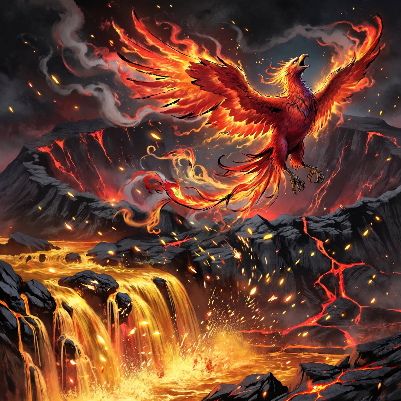 A majestic phoenix rising from a cascade of molten gold and shimmering embers against a backdrop of a dark, volcanic caldera. Its feathers are ablaze with brilliant oranges, reds, and fiery yellows. The air around it crackles with heat and energy. Style: Epic fantasy art with dynamic composition and vibrant color contrast — ImagineArt 2