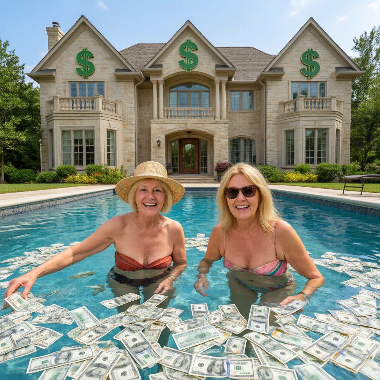 A wealthy adult couple swimming in a huge pool full of money, near a huge mansion with dollar signs on it, with a fun, happy vibe. — Qwen Image 3.0