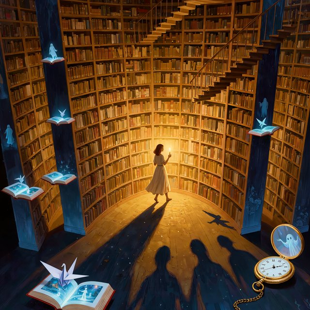 In an infinite library where floating staircases defy gravity, a young woman carries a candle through endless shelves. Her shadow has quietly detached itself from her feet and now wanders independently among the towering bookcases, secretly opening glowing books filled with forgotten memories. Each open page reveals miniature worlds: flying origami birds, drifting clocks, and tiny ghostly figures. The woman's candlelight creates impossible reflections, revealing dozens of alternative shadows with distinct personalities. Dreamlike surrealism, warm golden candlelight set against deep blue darkness, intricate details, magical realism, painterly. — Kling v3