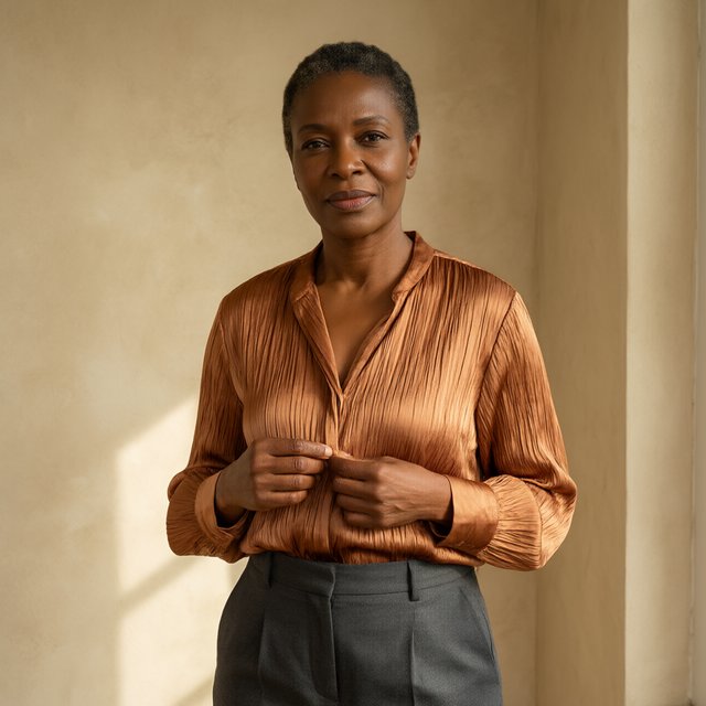 Portrait of an adult Black woman in her 50s wearing a pleated copper satin blouse and tailored charcoal trousers, her hands gently holding the blouse fabric, calm half-smile, warm plaster backdrop, late-afternoon window light grazing her face. — Qwen Image 3.0