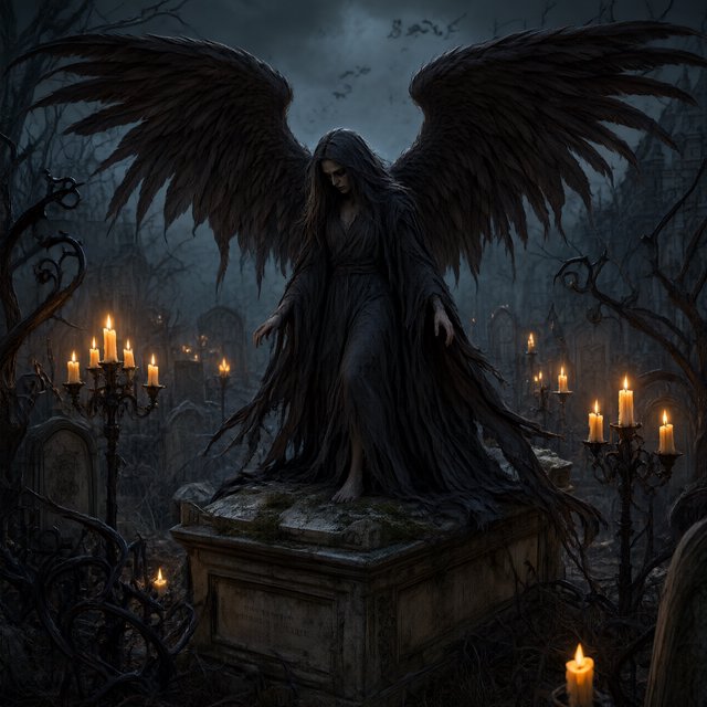 A majestic fallen angel with wings like a dark, tattered cloak, poses dramatically on a crumbling, Victorian-era inspired graveyard tomb, surrounded by twisted, black ironwork and flickering, orange candelabras, as if plucked from a haunting, nightmare. — Qwen Image 3.0