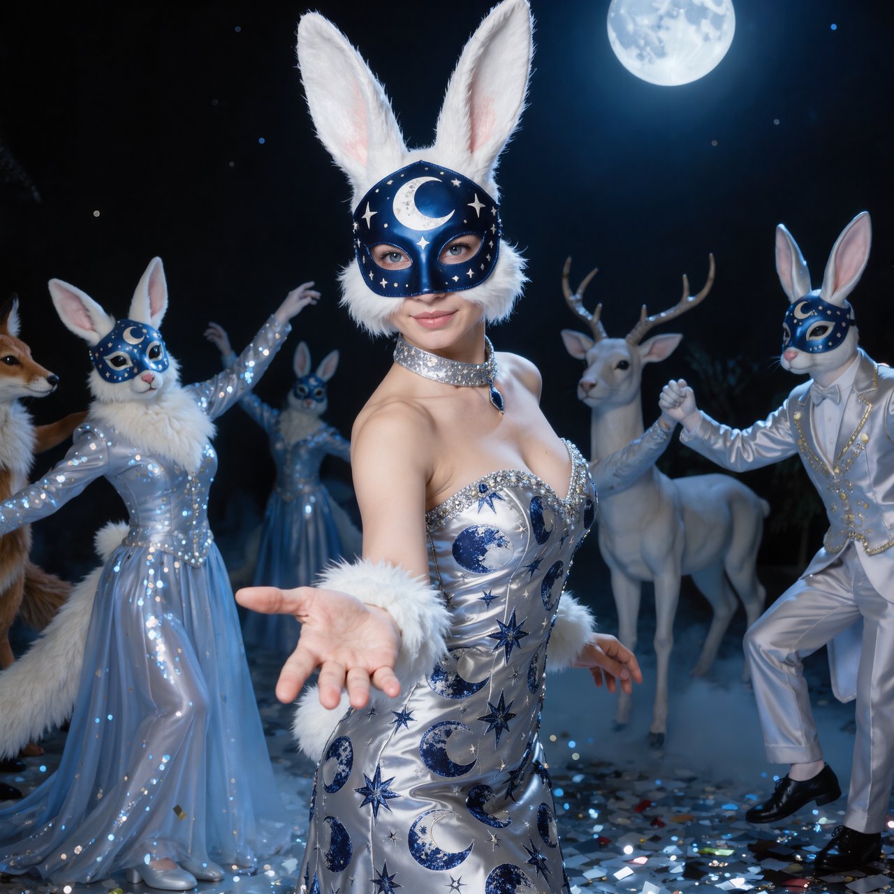 Create the most glamorous and mysterious midnight masked-ball scene, where various alluring anthropomorphic animals, such as foxes, deer, and rabbits, pose and dance under the moon. They wear moon-themed masks. In the middle foreground stands the most exquisite, alluring human-rabbit hybrid, with long white rabbit ears, a pulchritudinous East Asian face, an hourglass figure, rabbit-fur features, and human skin blended aesthetically. She wears the most exquisite silk dress with moon patterns and cross-star embroidery. She poses in a beckoning gesture, inviting the viewer to be her dance partner at the masquerade. No speech. — Kling v3 Omni