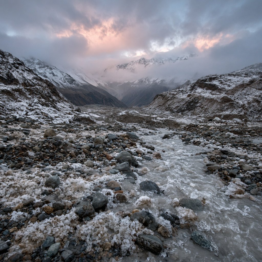 Beyond a braided glacier-fed stream, a steep moraine valley opens beneath clearing dawn snow flurries; gritty ice grains and water-polished stones sharpen the near bank, while layered ridges fade into cloud. — Grok Imagine Image 2