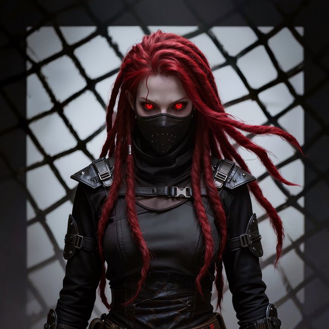 Fishnet grimdark fantasy. A suitable-for-TV-PG adult underworld agent with long crimson-red dreadlocked hair with flowing locks, ruby-red crystalline eyes, real skin pores, photographic rendering, and real material textures. No text. — Kling v3