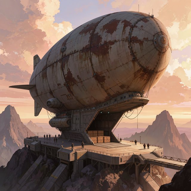 Concept art of a weathered cargo airship docking at a mountaintop station, crew tiny for scale, late afternoon light. — Kling v3