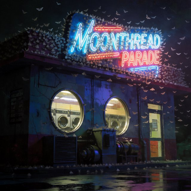 At midnight, moths circle the laundromat’s glowing round windows while chrome washing machines gleam inside; “MOONTHREAD PARADE” shines in icy blue neon above the entrance, reflected across the wet pavement, with no other lettering visible. — Krea 2 Medium