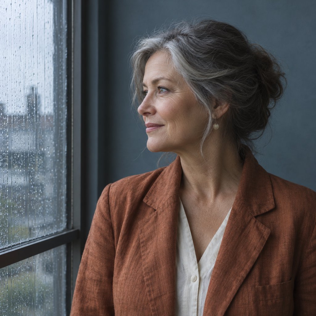 By a rain-streaked studio window, an adult woman in her early 60s turns in profile for a portrait photograph, wearing a copper-colored linen jacket over a cream cotton blouse. Her quietly amused expression rests against a muted blue-gray wall, shaped by cool, soft window light. — GPT Image 2.5 Flare