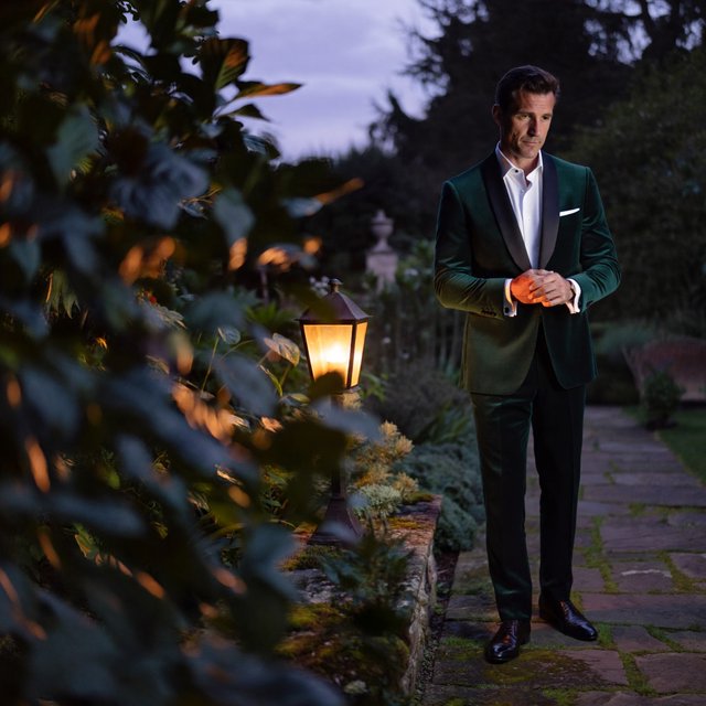 Along a garden path at violet dusk, an adult man in a midnight-green dinner suit adjusts one cuff beneath warm lantern glow, caught in a quiet pre-event pause with glossy leaves and elegant magazine polish. — ImagineArt 2