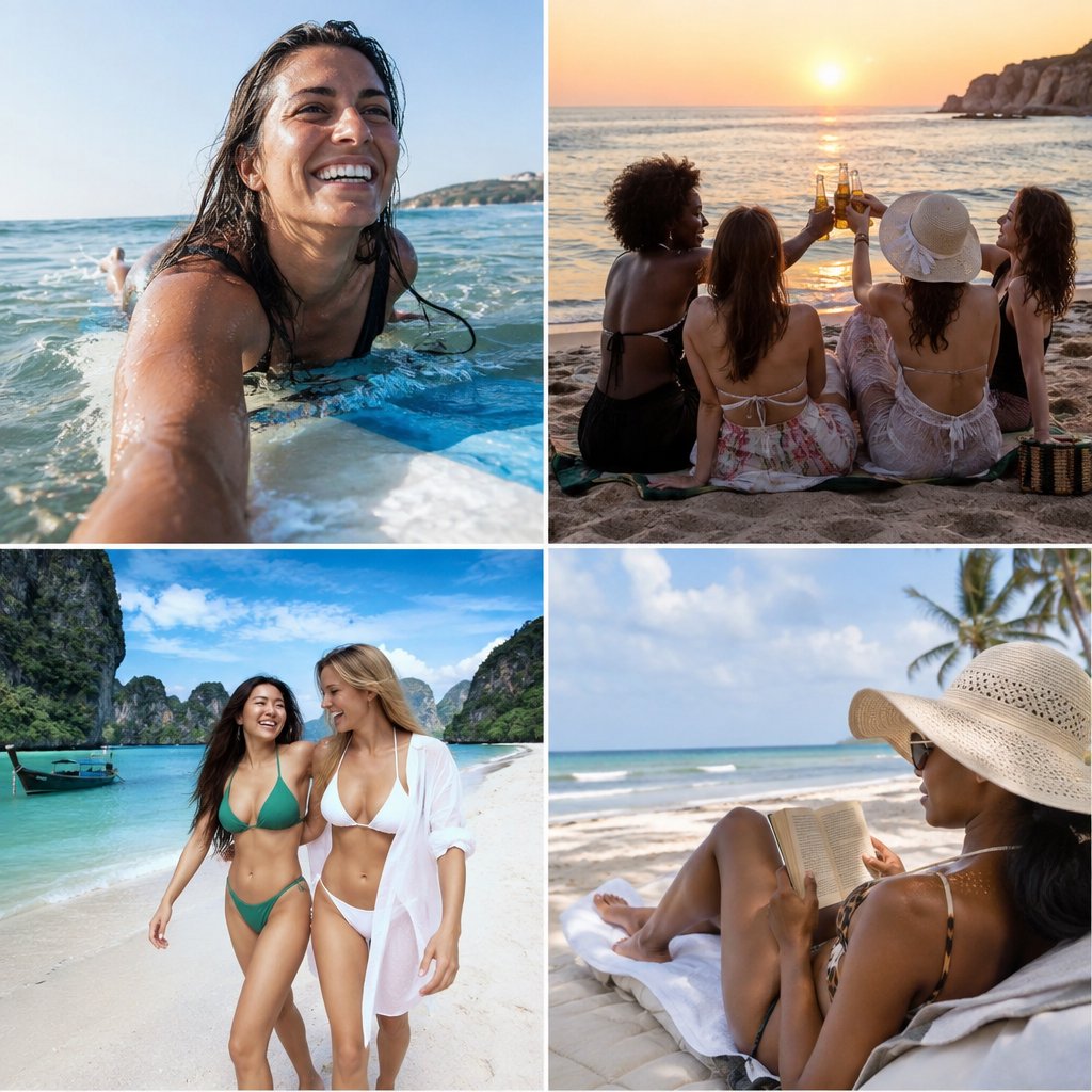Photorealistic collage of at least four distinct beach scenes showing adult women from around the world having fun, with each scene presented from a different camera angle. — GPT Image 2.5 Sunburst