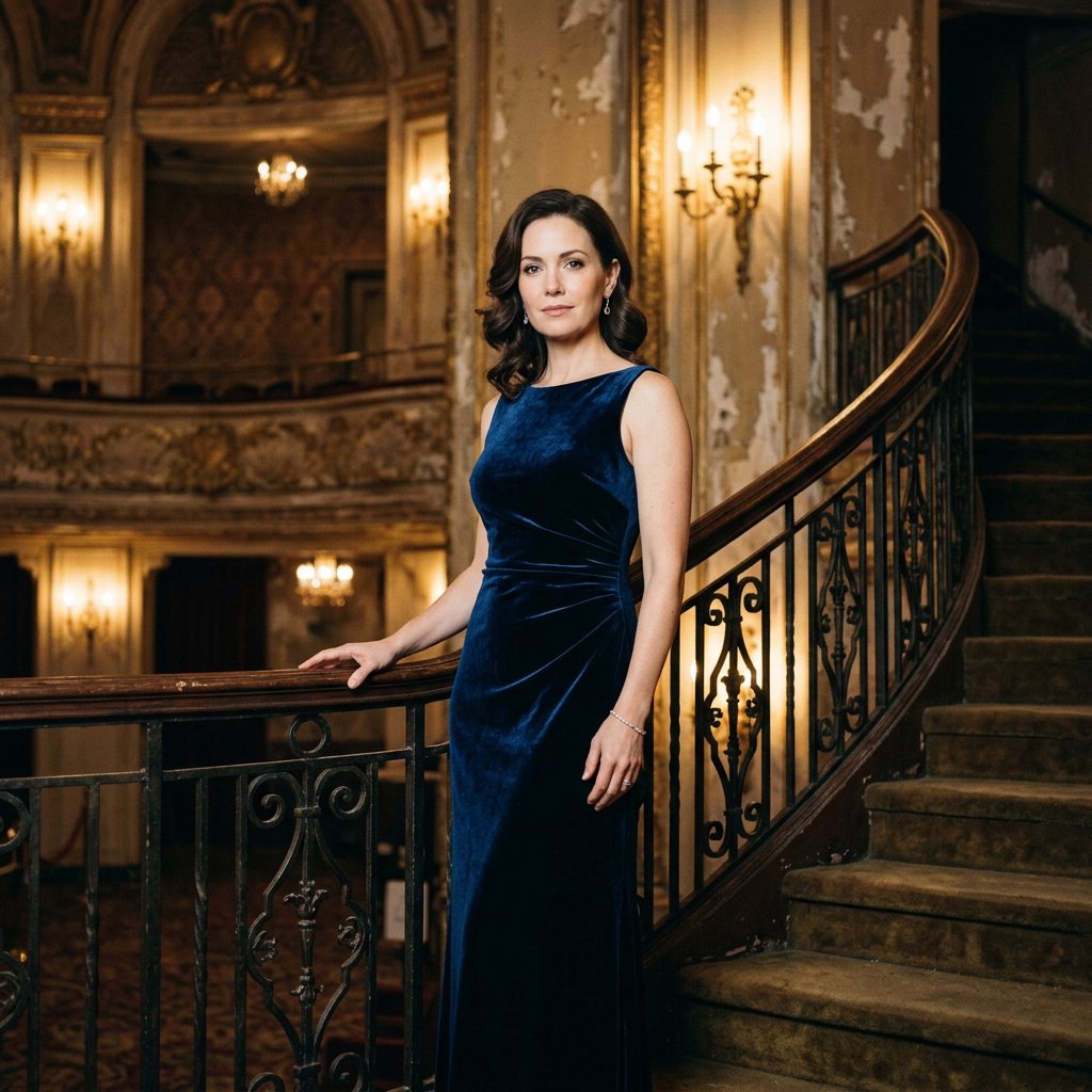 Editorial glamour photograph of an adult woman in a midnight-blue velvet evening gown, standing naturally beside a curved staircase in an old theatre, warm flattering sconce light, relaxed shoulders, poised expression, refined cinematic elegance. — Nano Banana 2.1