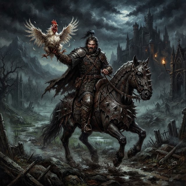 A man riding a horse, holding a screaming chicken, in dark gothic fantasy. — Model 15