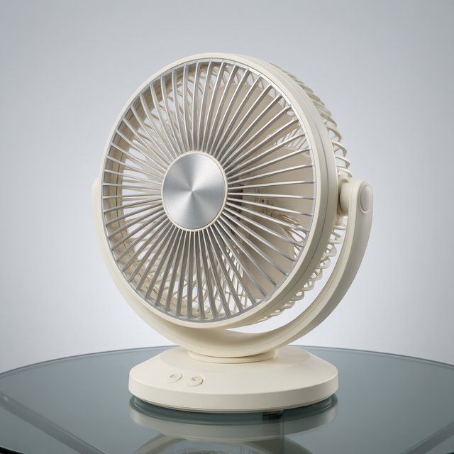 Commercial product photograph of an unbranded desktop fan made from brushed aluminum and matte ivory polymer, resting on a smoked glass surface against a pale gray background, illuminated by broad diffused studio light and a soft rear rim light. — Qwen Image 3.0