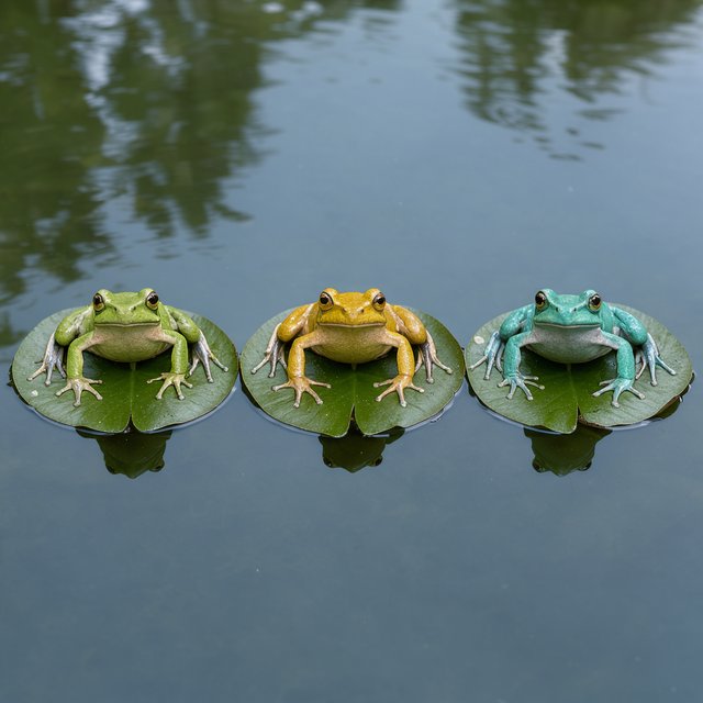 A still pond holds exactly three frogs on separate lily pads: a lime-green frog at the left, a golden-yellow frog in the center, and a turquoise frog at the right. All face forward; nothing else. — Model 2
