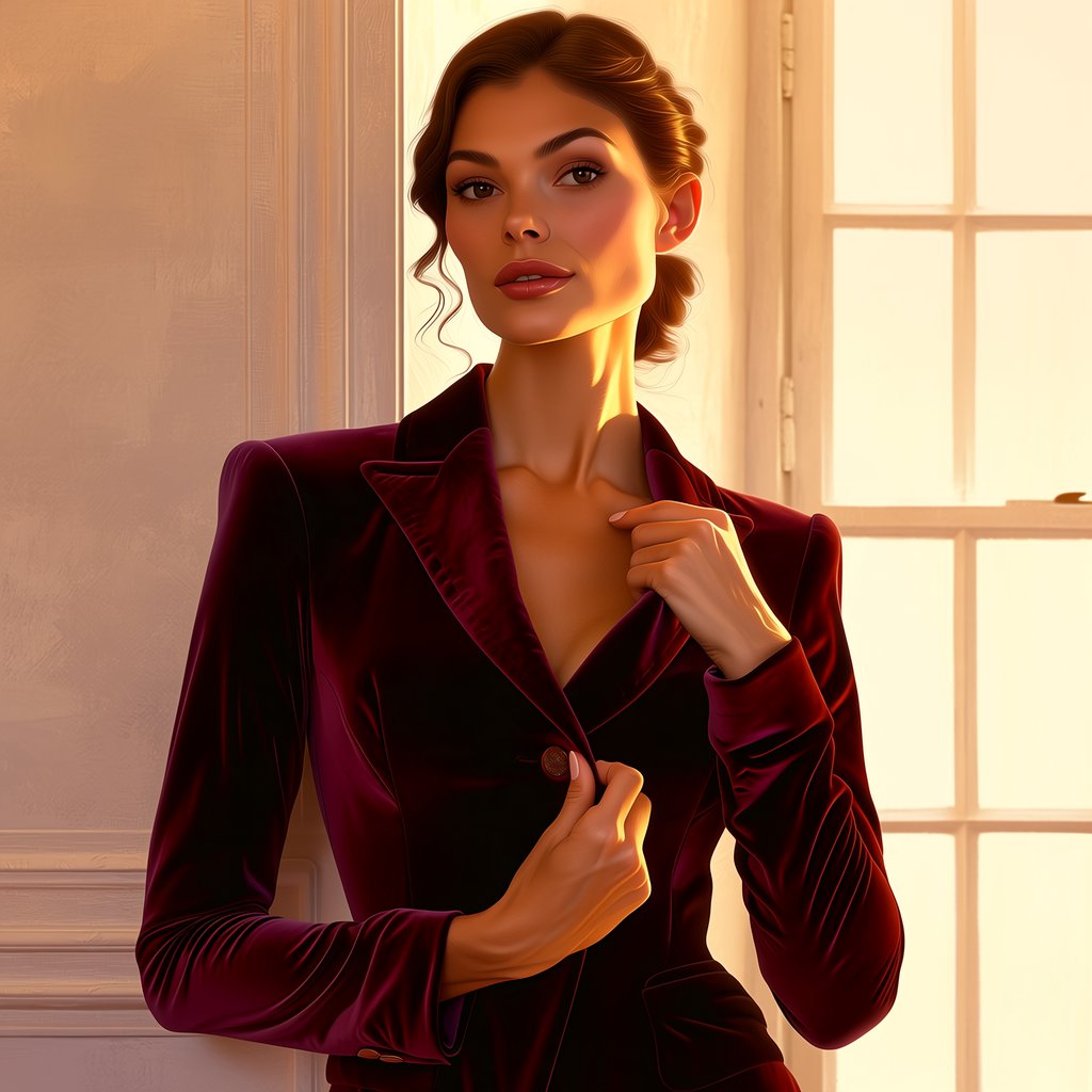 Fashion portrait of an adult woman in her early 50s wearing a sculptural burgundy velvet jacket, her hands lightly gathering its lapel. A wry, composed expression meets the camera against a warm ivory plaster backdrop, lit by soft late-afternoon window glow. — Midjourney Niji 7