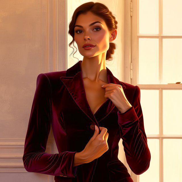 Fashion portrait of an adult woman in her early 50s wearing a sculptural burgundy velvet jacket, her hands lightly gathering its lapel. A wry, composed expression meets the camera against a warm ivory plaster backdrop, lit by soft late-afternoon window glow. — Midjourney Niji 7