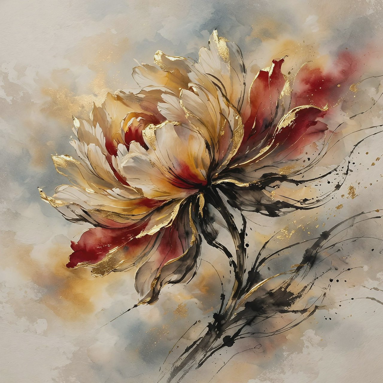 Gently sweeping forms emerge from long, subtle color transitions and soft contours. Bold ink strokes create resilient, confident edges that taper and densify in response to pressure. Raised, polished gold captures directional light in warm, metallic flashes. Luminous, rim-lit gradients blend wet-on-wet into floating patches of color, while a restrained palette of warm ochre, ivory, and deep crimson creates radiant, painterly highlights against a soft, atmospheric background. A flower in the summer wind. — Muse Image 1.0