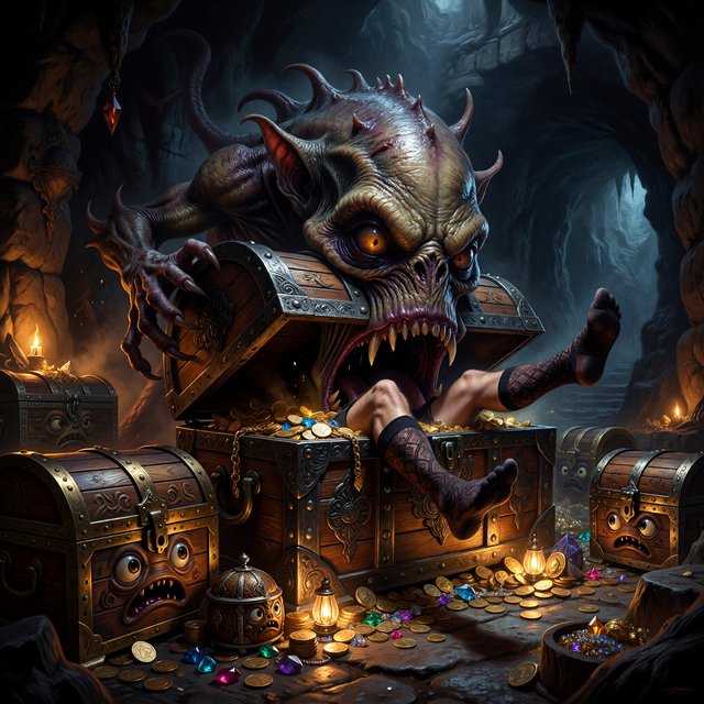 An adult swallowed by an inert mimic chest, with their legs in stockings sticking out of the chest and kicking around. A bunch of envious, cute mimic chests surround it, looking obviously jealous. — ImagineArt 1.5 Pro
