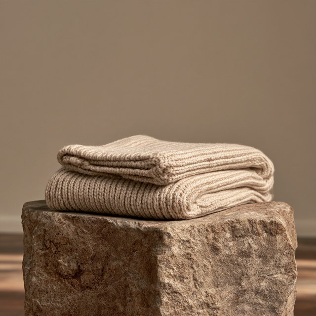 A folded unbranded merino cardigan rests on a honed limestone plinth, its chunky ribbed wool surface softly catching broad overhead diffusion and warm side bounce against a muted clay backdrop, with no tags, lettering, or graphics. — Midjourney V8.2