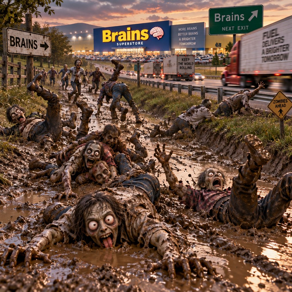 Several weird-looking zombies, some cross-eyed and some wide-eyed, are heading towards a superstore far ahead named "Brains". The superstore is located beside a highway with some trucks driving along it. The zombies are on a rural road connecting to the highway. There are patches of mud in one place on the rural road. The zombies are slipping on the mud and falling—some on their faces, some on their backs, and some on top of other zombies. A couple of fallen zombies are crawling up to the highway, where speeding trucks are passing by. Make it dramatic but funny. — GPT Image 2.5 Sunburst