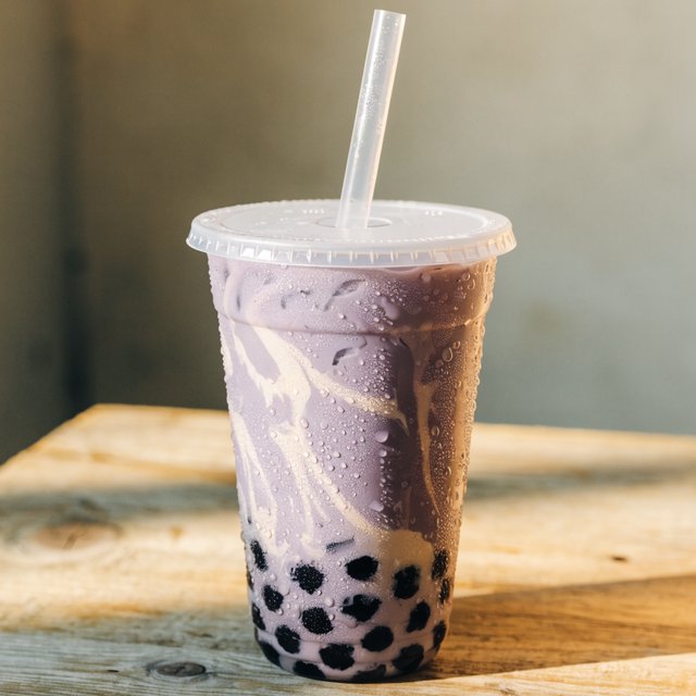 Photorealistic product shot of iced taro bubble tea in a clear frosted plastic cup, condensation beading down curved sides, wide clear straw piercing matte white domed lid. Plump dark brown tapioca pearls settled at the base, swirled creamy purple tea with soft marbled cream streaks, fine ice crystals glinting inside. Resting on weathered light oak table, soft golden hour side lighting casting gentle long shadows, warm neutral beige background. Shallow depth of field, sharp focus on glass texture and pearl details, professional food photography aesthetic, soft moody warm colour palette with rich lavender and caramel tones. — Recraft v4