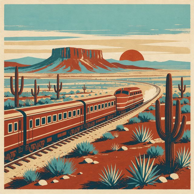 At dawn, a scarlet desert train curves past saguaro silhouettes toward a mesa; screen-printed gouache illustration in mid-century travel-poster style, palette of rust, turquoise, sand, and cream, no lettering. — FLUX 3 Image