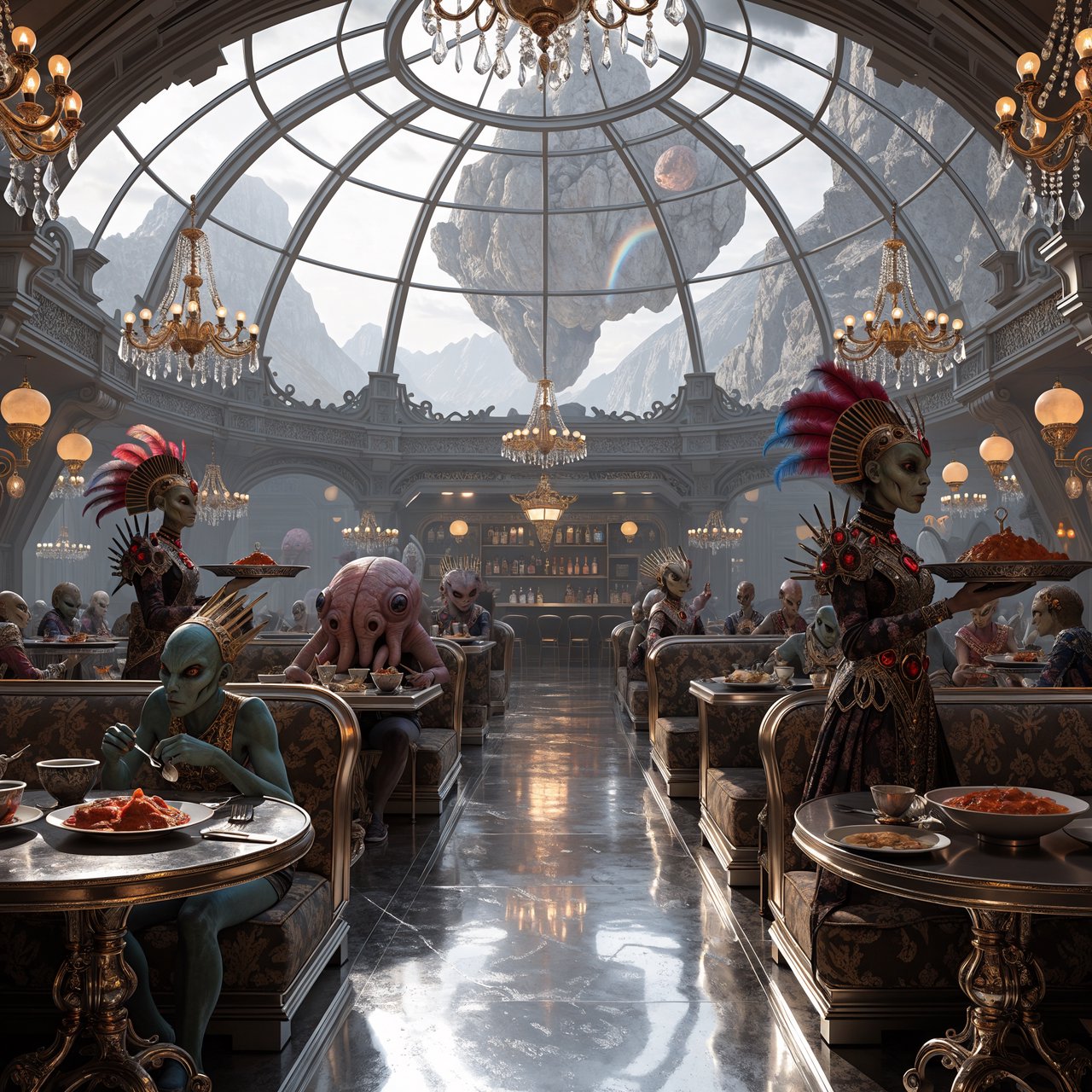 An alien restaurant on a strange planet. The interior is well lit, but the décor is very strange and out of this world. Alien waitresses are bringing in platters of food. Alien diners are eating very unusual dishes. — Recraft v4 Pro