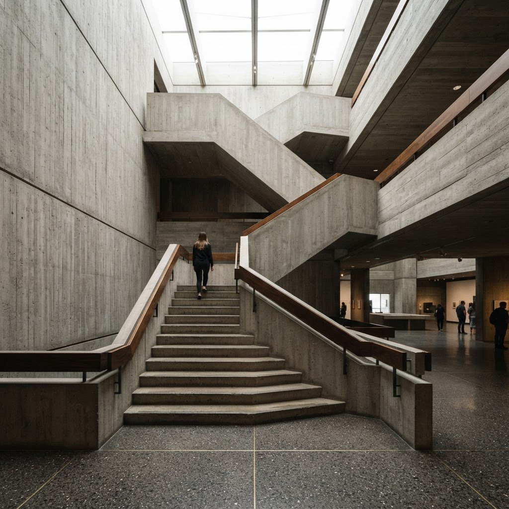 At the heart of a restrained Brutalist museum, a folded concrete stair rises beside smoked-oak handrails and terrazzo landings; skylight washes the treads, seen from the lower landing, with aligned flights and believable supports. — Nano Banana 2 Lite