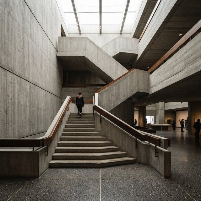 At the heart of a restrained Brutalist museum, a folded concrete stair rises beside smoked-oak handrails and terrazzo landings; skylight washes the treads, seen from the lower landing, with aligned flights and believable supports. — Nano Banana 2 Lite