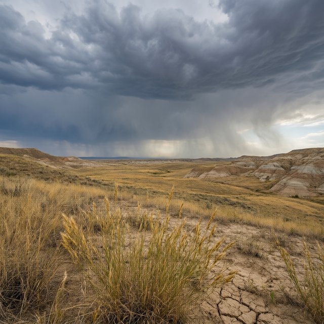 Across a tawny prairie basin, a rotating thunderstorm gathers in the late afternoon beneath bruised clouds, rain veiling distant buttes; seed heads and cracked earth in the foreground contrast with ridges softened by the advancing downpour. — Qwen Image 3.0