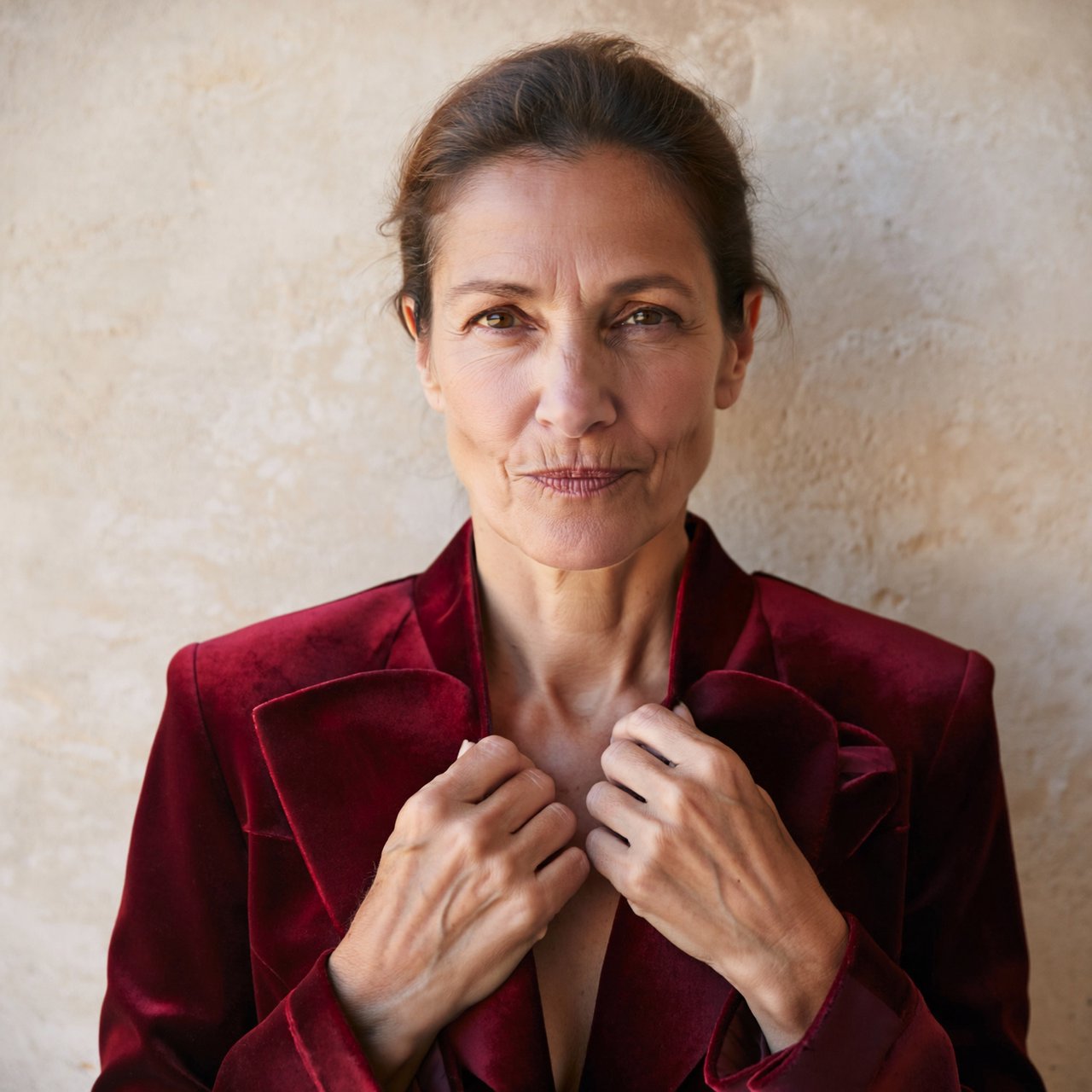 Fashion portrait of an adult woman in her early 50s wearing a sculptural burgundy velvet jacket, her hands lightly gathering its lapel. A wry, composed expression meets the camera against a warm ivory plaster backdrop, lit by soft late-afternoon window glow. — ImagineArt 2