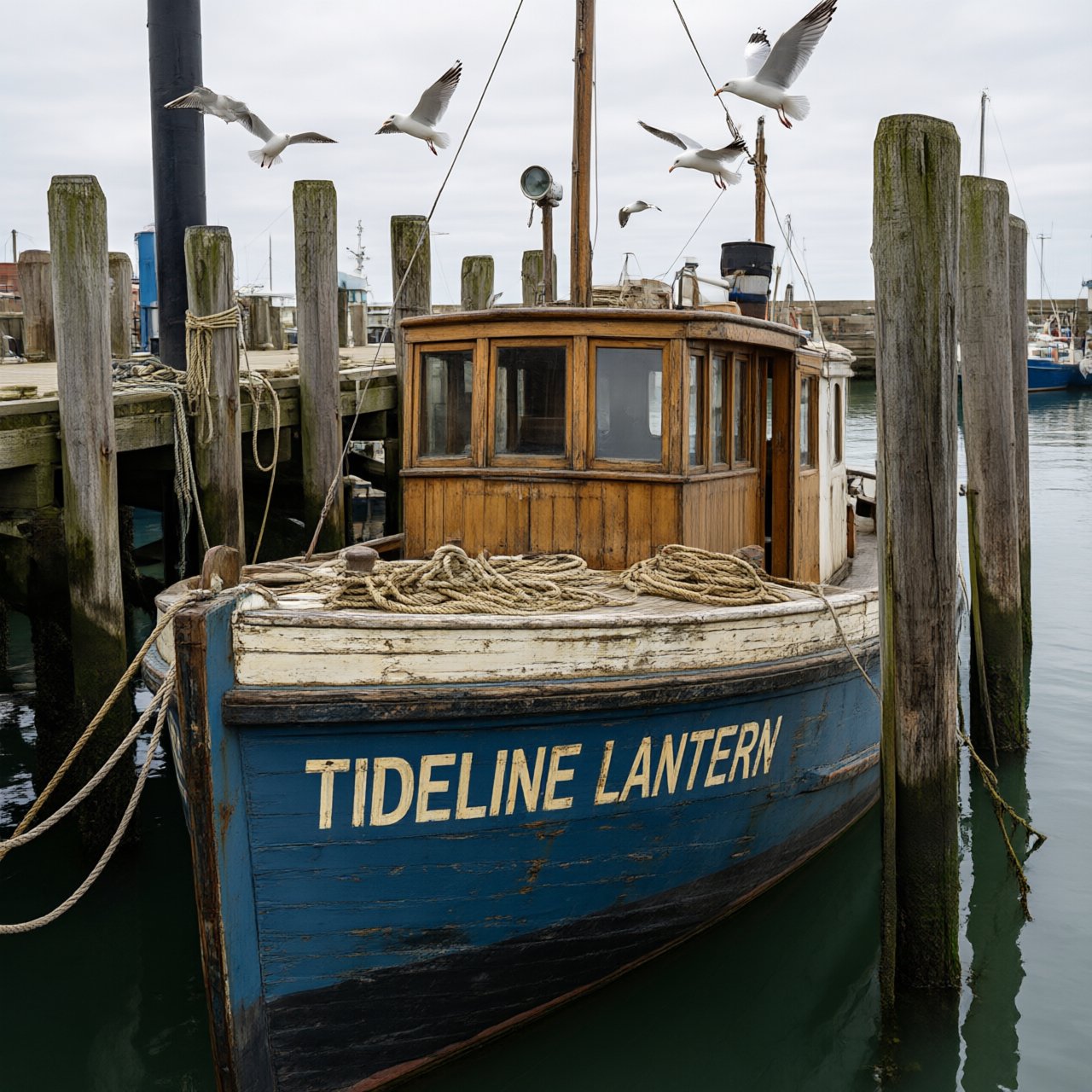 At a quiet harbor, a weathered wooden ferry rests beside slick pilings, ropes coiled on deck as gulls wheel overhead; "TIDELINE LANTERN" is painted in faded ivory letters along the blue hull. — Qwen Image 3.0