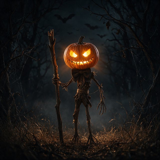 Chiaroscuro contrast, inner-lit glows, dense central detail fading into haze and velvety darkness. A pumpkin-headed scarecrow with a jack-o-lantern face, glowing eyes, stitched grin, bow tie, bark torso, and wooden staff stands in a night forest clearing with dry grass, cobwebs, bats, bare branches, — Model 20