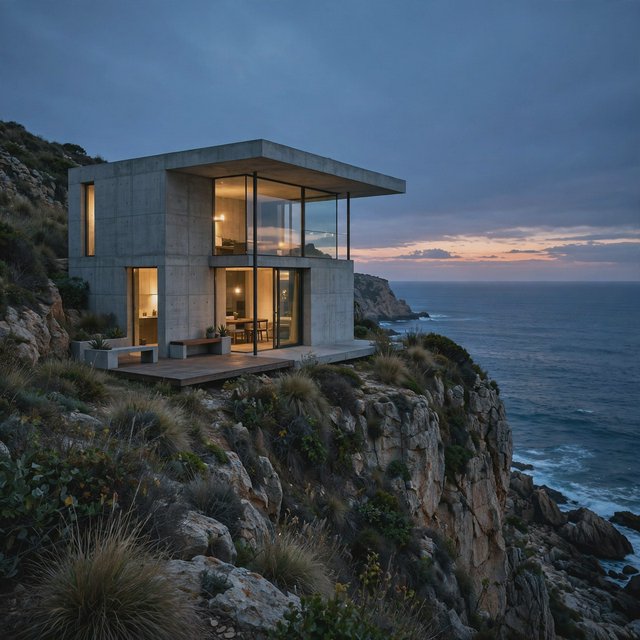 Exterior of a small concrete-and-glass house on a cliff above the sea, dusk, interior lights on, architectural photography. — Muse Image 1.0