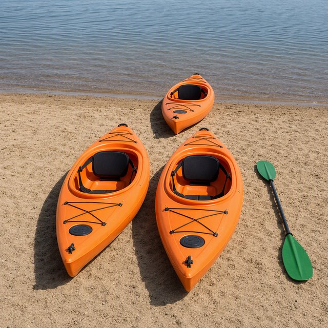 Exactly three orange kayaks rest on a sandy shore: two side by side in the foreground and one behind them near the water. A green paddle lies to the right of the kayaks, nothing else. — GPT Image 2