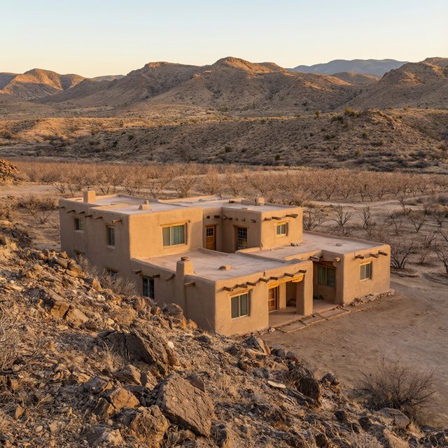 Beyond dry orchard rows, a Pueblo Revival adobe house settles into the desert foothills, with timber lintels and a muted clay roof; warm late-afternoon light, viewed from a rocky rise, reveals clean geometry and credible construction. — Qwen Image 3.0 Pro