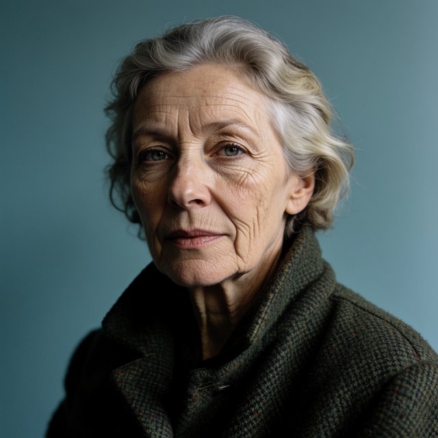 Beside a faded teal studio wall, a close-up fashion portrait frames an adult woman aged 68–76, her weathered skin softly detailed; she wears a moss-green wool coat and holds a calm, searching gaze in gentle side light. — Model 12