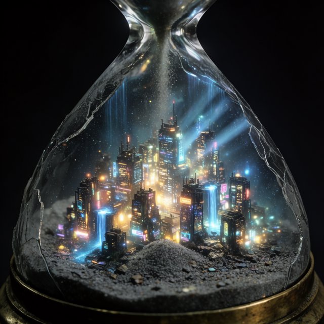 A macro close-up of a miniature glowing cyberpunk city built entirely inside a hollow cracked hourglass, tiny illuminated skyscrapers, flowing neon waterfalls, volumetric light rays piercing through sand, dark moody cinematic lighting, photorealistic depth of field — Krea 2 Large